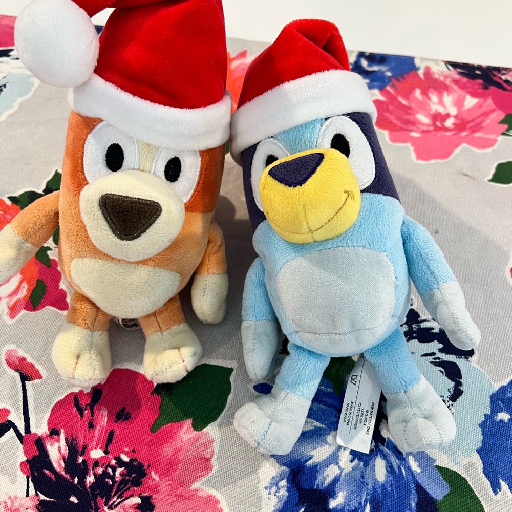 Bluey stuffed animals with Santa Hats